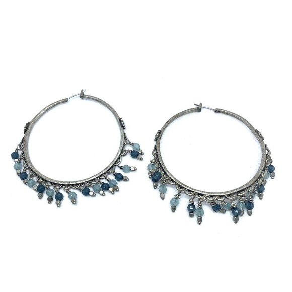 Faceted Beaded Large Circle Hoop Earrings Silver Tone - Picture 1 of 3